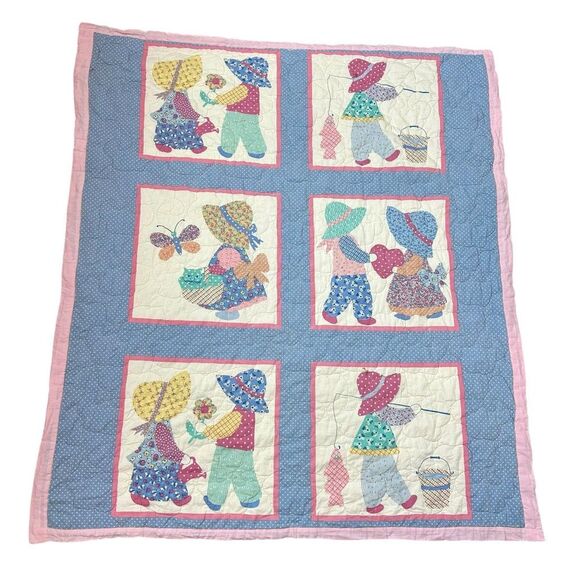 Vintage Other - Vintage Sunbonnet Sue Sam Blue Pink Holly Hobby Style Bonnet Throw Quilt 49"x43"